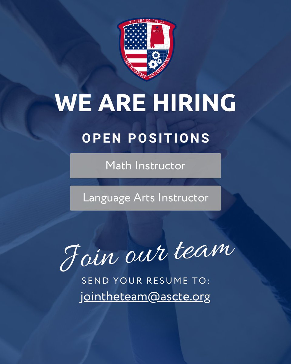 ASCTEAlabama's tweet photo. 🚨 We’re hiring at ASCTE! 🚨

We’re looking for passionate educators to join our team as:
📘 Math Instructor
📚 Language Arts Instructor

Help shape the next generation of innovators and leaders.

Learn more: https://t.co/9NRVpZ82H9 https://t.co/eWIELHsuNq