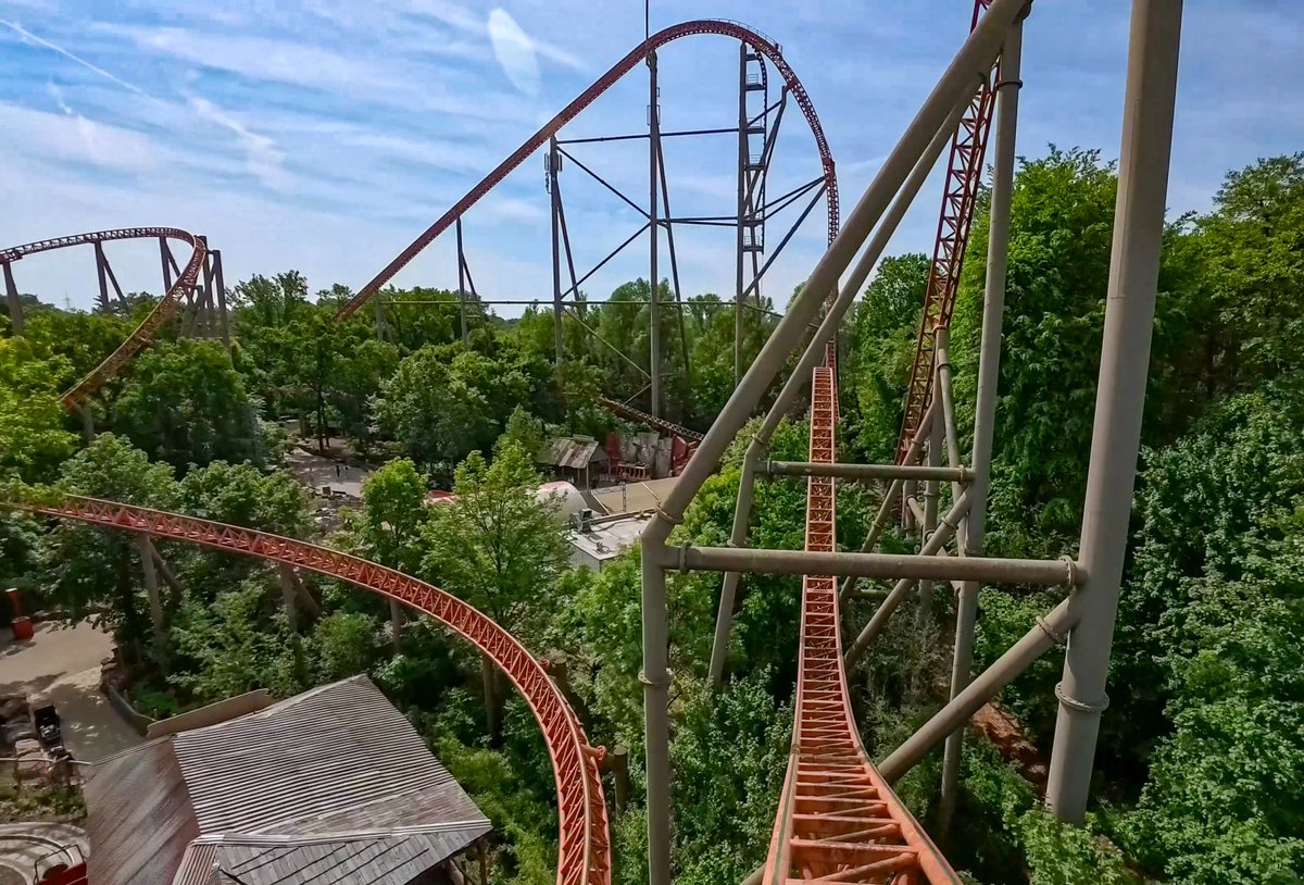 AttractionSc's tweet photo. (1/2) At nearly 25 years old, Expedition GeForce at Plopsaland Germany is still a world-class Intamin Mega Coaster which produces some of the best airtime on any ride. With one of the trains no longer in operation, we do wonder what Plopsa have in store for the coaster in the... https://t.co/f4dN5JAlTi