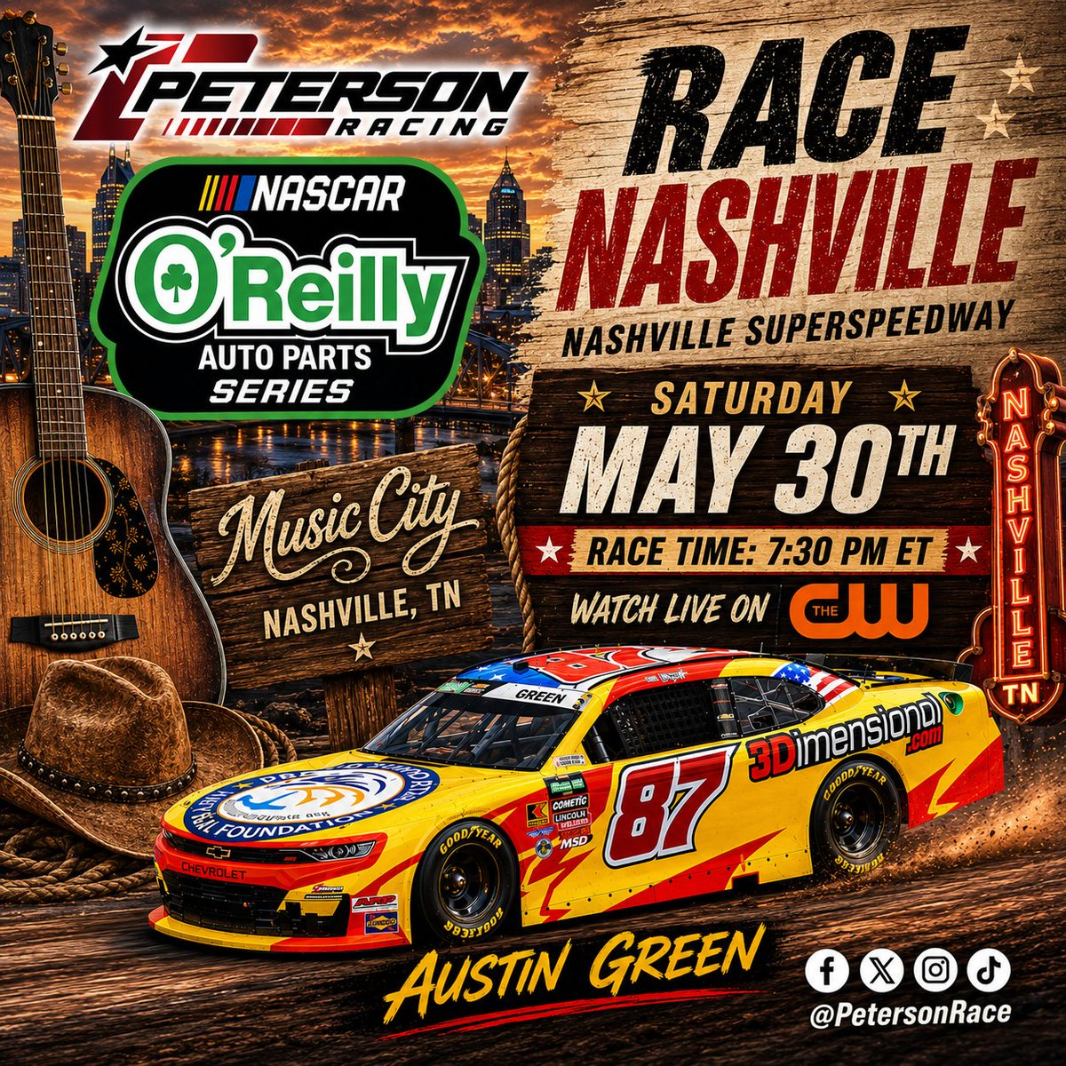 PetersonRace's tweet photo. .@austingreen2_ and the Peterson Racing team are two-stepping their way to @NashvilleSuperS with their sights set on continuing their string of strong performances in the @oreilly_racing .  Tune into @TheCW on Saturday at 7:30 pm ET and catch all the action. https://t.co/T9Ke7Ugb8r