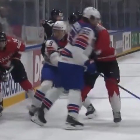 StrayCryptoDog's tweet photo. @MattYYC91 @realfbllliason Both skates still on the ice at the moment of impact. This impact is what pushed him on to the right skate only.  Clean shoulder hit. Extending the arm out afterward is fair game. Just a 2min Interference. https://t.co/znlAXF6l7d