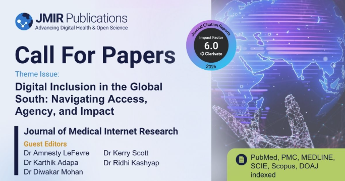 jmirpub's tweet photo. New call for papers in the Journal of Medical Internet Research 📢

Digital Inclusion in the Global South: Navigating Access, Agency, and Impact

We’re looking for research on digital transformation through a “promise & peril” lens covering measurement innovation, gendered digital inequality, and digital health + livelihood impacts across the Global South.

📅 Submission deadline: May 31, 2027
 📌 Submit via the Journal of Medical Internet Research 

Learn more: https://t.co/b1fxTGNE4Q
#DigitalHealth #GlobalHealth #HealthEquity #DigitalInclusion #JMIR