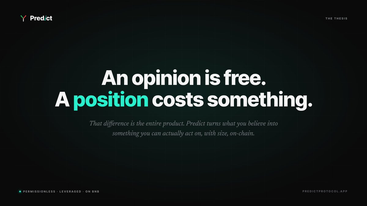 PredictFDN's tweet photo. An opinion is free. a position costs something. 

That difference is the entire product. Predict turns what you believe into something you can act on, with size, on-chain. https://t.co/AqO485tTNW