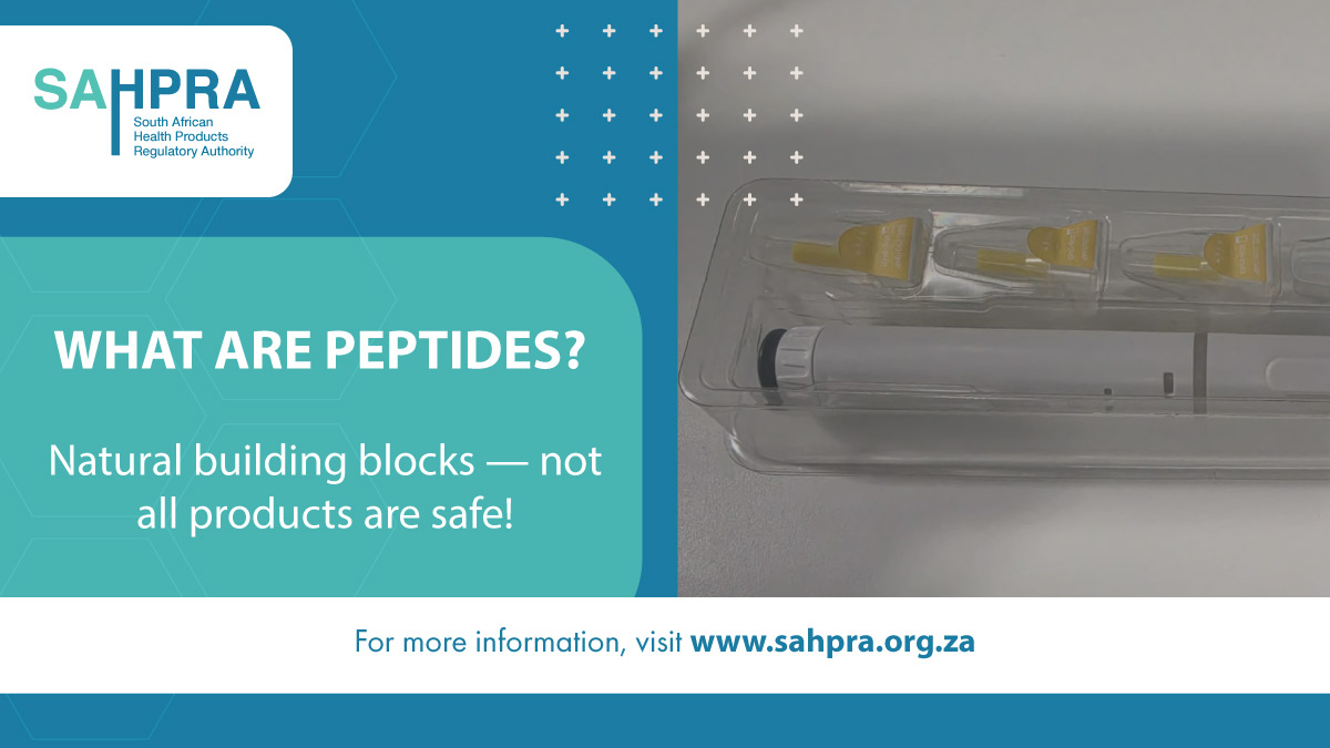 SAHPRA1's tweet photo. 🔬 What are “peptides”?

Think of them as tiny building blocks your body uses to make proteins — helping to construct and repair different parts of your body.

They occur naturally in the body and play an important role in functions like hormones, healing, and communication between cells.

Some products made from these building blocks are being marketed for weight loss, muscle building, anti-ageing and performance enhancement. However, not all of these products are registered or tested for safety.

⚠️ Always be cautious and speak to a healthcare professional before using any of these products.

For more information, visit https://t.co/1uWK33peQM

#HealthAwareness #MedicineSafety #SAHPRA