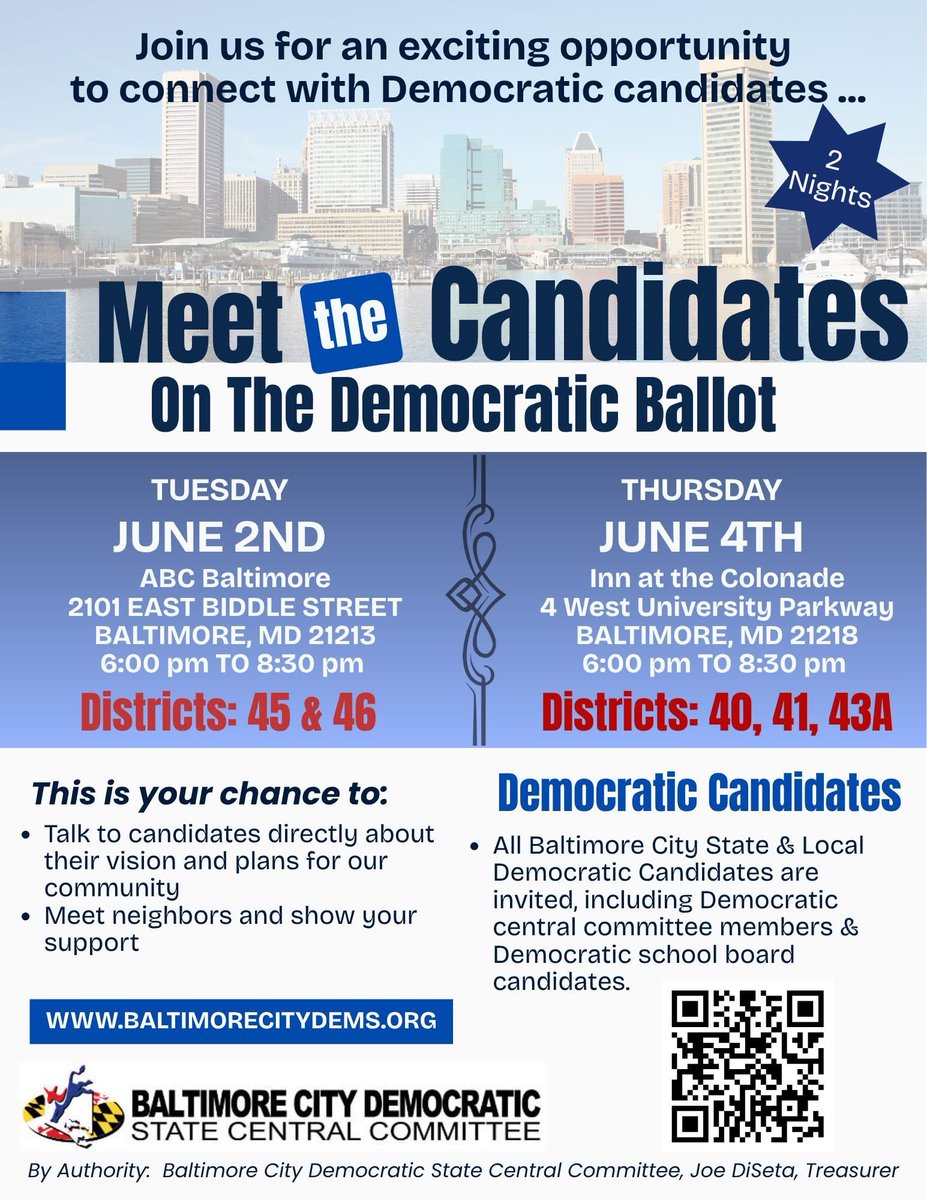BaltimoreDems's tweet photo. Friendly reminder!

If you are undecided who to vote for or maybe you just want to hear more, be sure to attend our Meet the Democratic Candidates on the Ballot event! This is an opportunity to learn more about the candidates on the ballot and to meet and speak with them directly https://t.co/2Cr6q0TO51