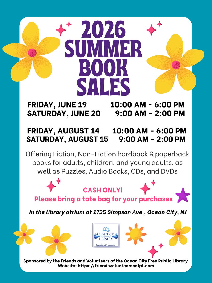 ocfpl's tweet photo. 𝟮𝟬𝟮𝟲 𝗦𝘂𝗺𝗺𝗲𝗿 𝗕𝗼𝗼𝗸 𝗦𝗮𝗹𝗲𝘀 📖
June 19-20 &amp; August 14-15
Fri: 10 AM–6 PM | Sat: 9 AM–2 PM

Fiction, non-fiction, puzzles, audiobooks, CDs &amp; DVDs for all ages.
💰 Cash only
https://t.co/akLieWk6bP

#OCFPL #OceanCityLibrary #NJLibrary https://t.co/UpNBSIahSB
