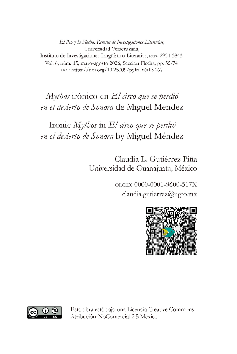 pez_flecha's tweet photo. No se pierdan «Mythos irónico en El circo que se perdió en el desierto de Sonora de Miguel Méndez», un imperdible artículo de Claudia L. Gutiérrez Piña. 📖✨
Disponible: https://t.co/k2VLw2XE2S https://t.co/lGoaPp6mGo
