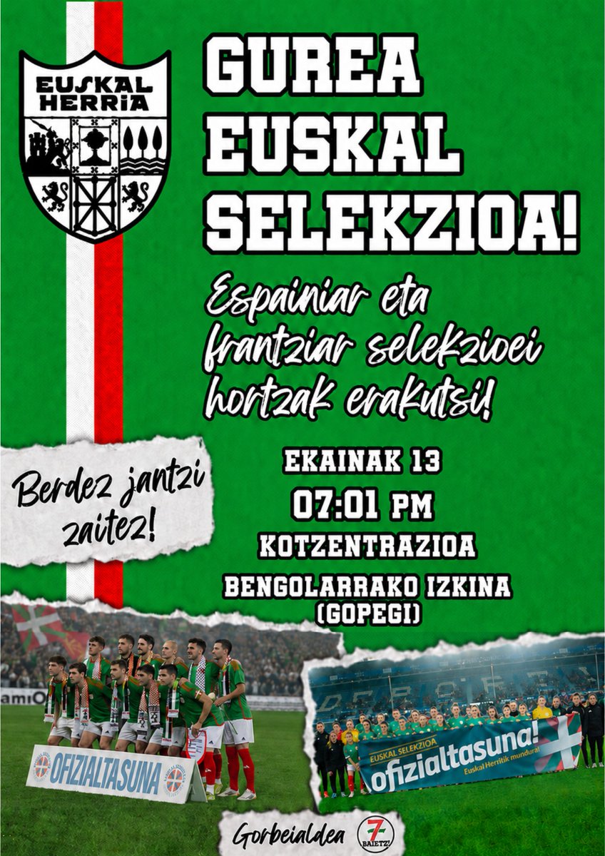 7Baietz's tweet photo. Kirolaren bitartez inposatu nahi diguten selekzio arrotzen asimilazioaren aurrean, euskaldunok gure selekzioaren aldeko kontzentrazioak antolatuko ditugu Euskal Herriko zenbait txokotan. Gopegi ere, beraz, hurbildu zaitezte ekainak 13an arratsaldeko 7:01tan Bengolarrako izkinara! https://t.co/hO68e0jLuq