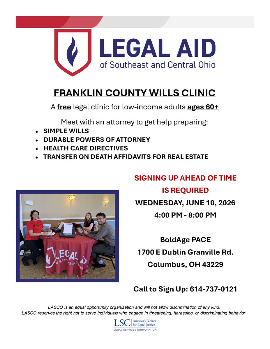 RecorderDannyO's tweet photo. Check out this free legal clinic if you are over the age of 60 and want help from an attorney in preparing simple wills, durable powers of attorney, health care directives, and TOD affidavits

June 10 from 4PM - 8PM
1700 E Dublin-Granville Rd
Call 614-737-0121 to reserve a spot! https://t.co/omzhOvGPxi