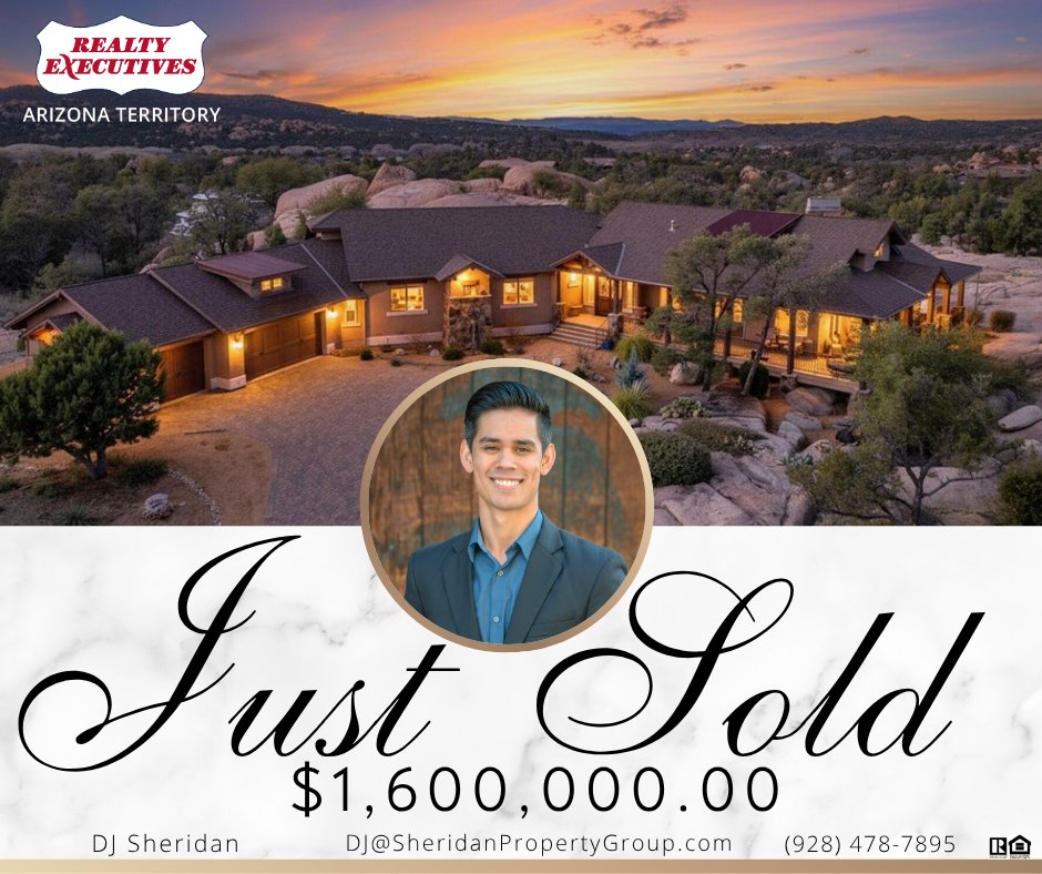 RealtyExAZ's tweet photo. Congratulations to DJ Sheridan with Realty Executives Arizona Territory - Willis St. Office, Prescott,  for selling a $1.6 Million dollar home! #REAZT #RealtyExecutivesArizonaTerritory #RealEstate #MillionDollarSale https://t.co/ZOhZK8xQij