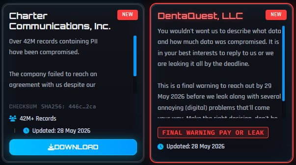 RansoMonitor's tweet photo. ShinyHunters has leaked 42 Million records of data from Charter Communications.

DentaQuest has also been relisted after being taken down due to possible negotiations. https://t.co/1AWho5qXsW