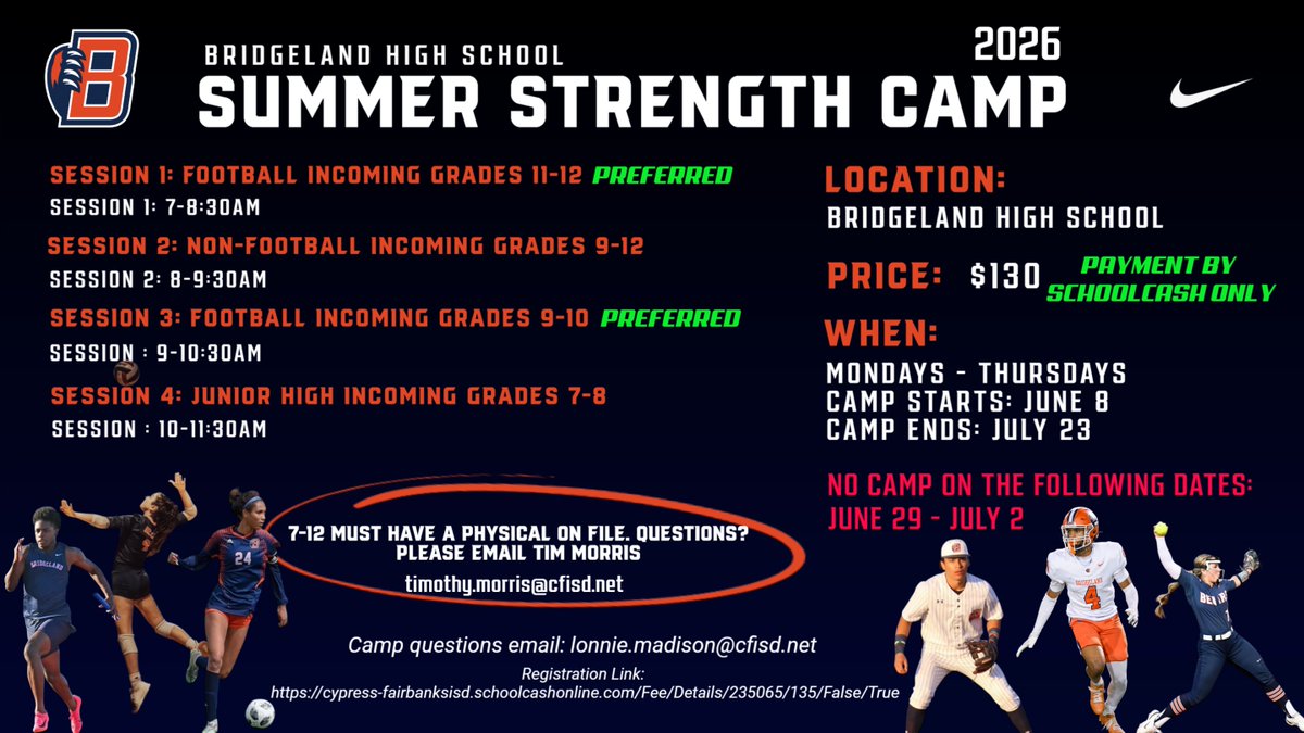 BridgelandFB's tweet photo. SAC Camp and Football SSI will start up Monday, June 8th.   To Register for camp see link below.   Have a great week off!  Go Bears!

SAC Camp Link:
https://t.co/38LKz5q2MS https://t.co/HV5xAmR1L4