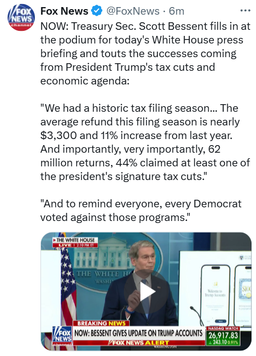 4HumanUnity's tweet photo. Are you kidding me right NOW: Bessent says average refund hit $3,300, up 11% thanks to Trump’s genius tax cuts. Reality:

Sure, the average is real. But almost all the cash went to the rich. Yale data: half of households got <$100 extra. Top earners cleaned up. "Working families" my ass, this was always a giveaway to those who needed the least.

But of course, you won't get that from Fox, a network that agreed to pay $787.5 million for lying to you.

https://t.co/iuhKYCZJK2