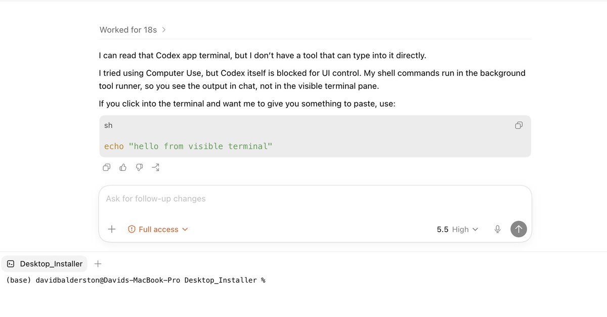 DavidBalderston's tweet photo. @thsottiaux @Dimillian hey, it would be really nice if codex could do its terminal work in the app in a visible way so we can both be using the same terminal session and I can see what its doing in a similar way to the browser integration. https://t.co/ZFYCNWBPG0