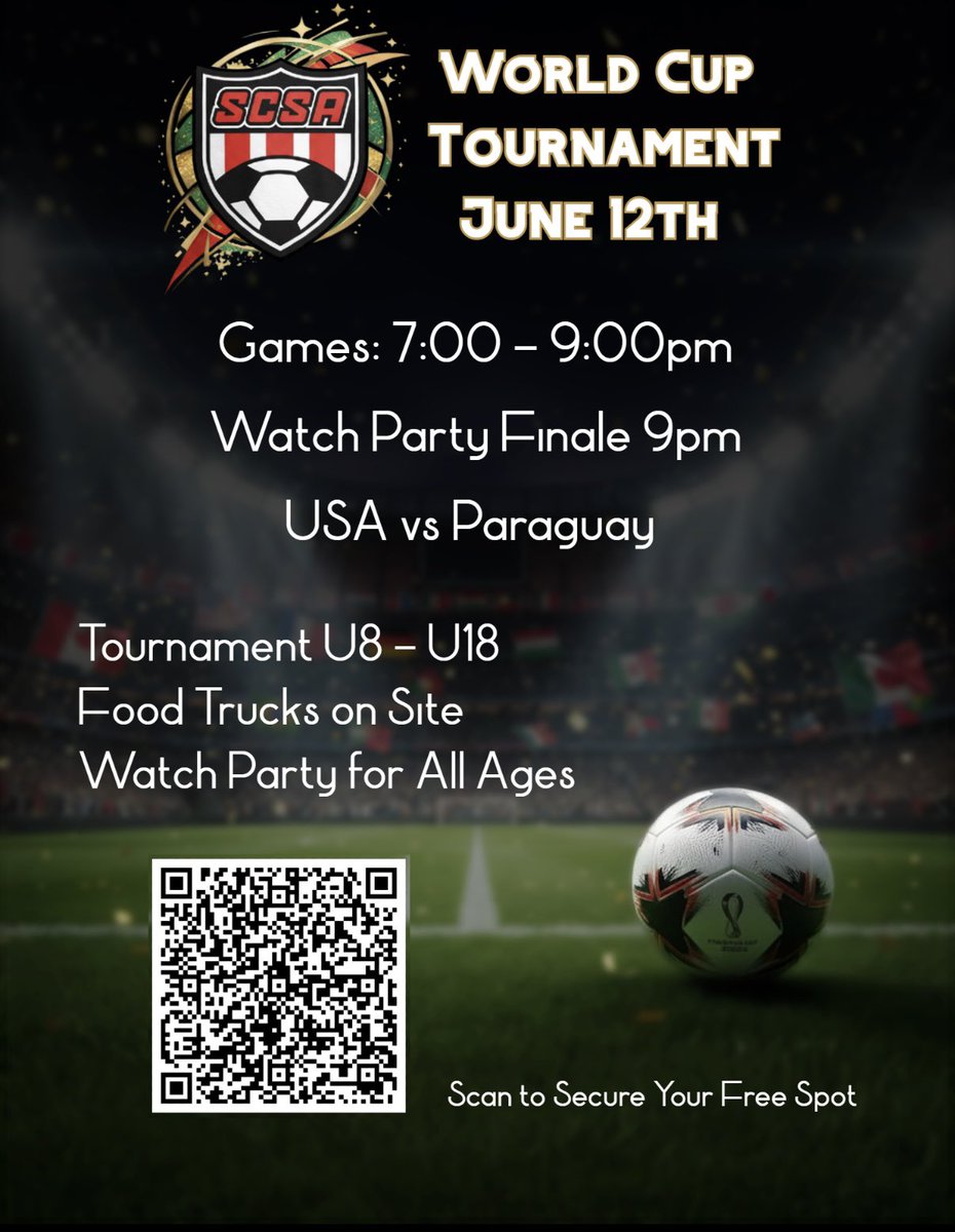 SCSA_Soccer's tweet photo. ⚽️🌎 SCSA World Cup Watch Party 🌎⚽️

🔥 FREE 4v4 Tournament
U8 – U18

🇺🇸 USA vs 🇵🇾 Paraguay Watch Party

🍔 Food Truck On Site
⚡️ Secure Your Spot Now!

#SCSA #USAvsParaguay #WorldCup #4v4 #YouthSoccer https://t.co/Kr9qhMOfzH