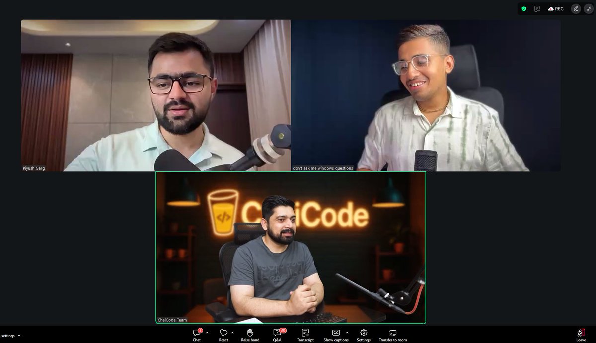 rick_jsx's tweet photo. Cohort Day 54: Thursday Class
Chai pe Charcha: QnA

@Hiteshdotcom & @piyushgarg_dev took questions from cohort students. Each of them answered in their own unique style and shared different perspectives and insights.