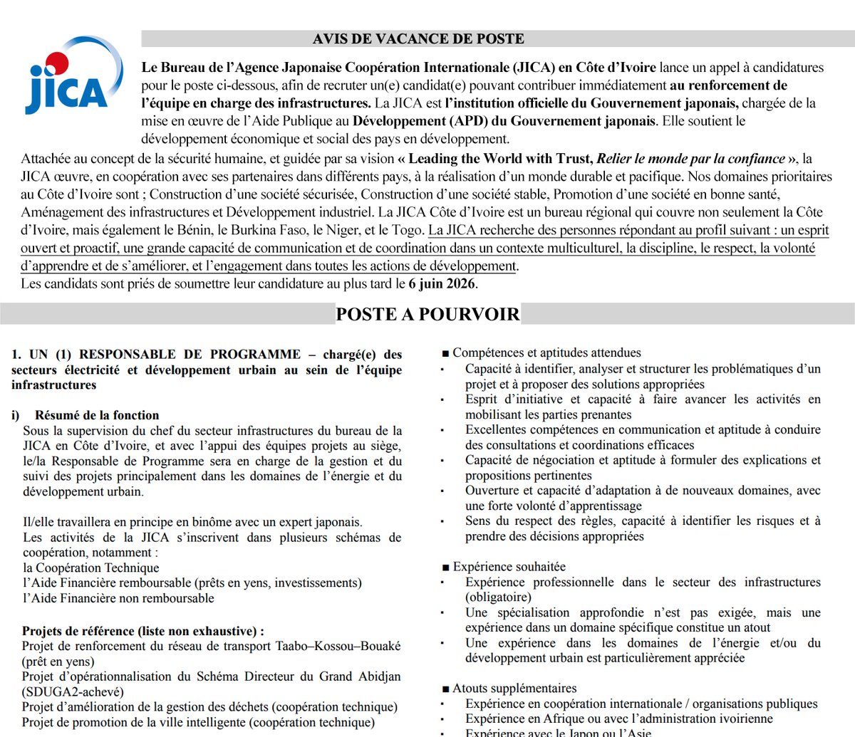 abidjan_net's tweet photo. #Communiqué - Pour postuler, utilisez le lien ci 👉https://t.co/rkqbQK76Xy 
Le Bureau de l’Agence Japonaise Coopération Internationale (JICA) en Côte d'Ivoire lance un appel à candidatures pour le poste ci-dessous https://t.co/Oa0CdyF11Z https://t.co/oRiqPZpcIg