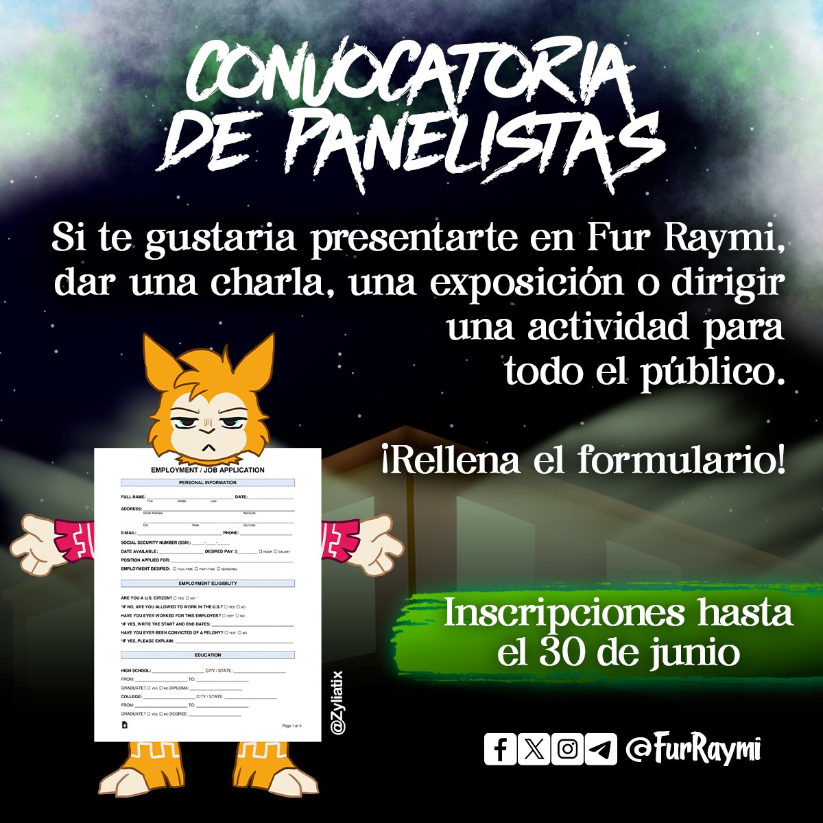 FurRaymi's tweet photo. ¿QUIERES SER PANELISTA DE FUR RAYMI?

Si tienes una idea para una charla, exposición o actividad que poder presentar durante nuestro evento, ¡este es tu momento!

⚠️ Inscripciones abiertas hasta el 30 de junio.

🔗 https://t.co/P2eVxPqFfv https://t.co/eNpGusVtZd