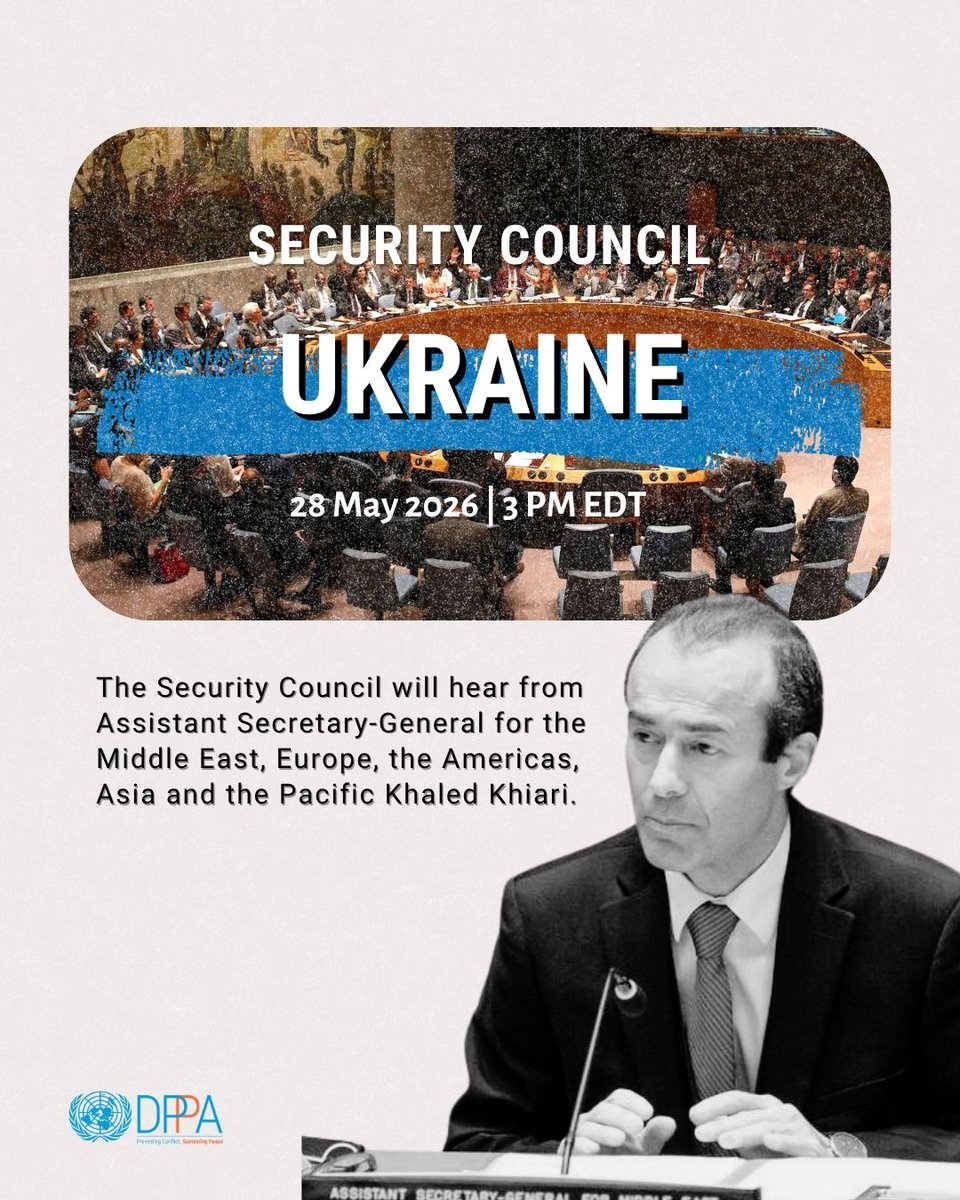 UNDPPA's tweet photo. This afternoon, the UN Security Council will hold a briefing on Ukraine and hear from Assistant Secretary-General @khiari_khaled. Secretary-General @antonioguterres is expected to deliver short remarks. 

Follow the meeting live from 3PM EDT via @UNWebTV: https://t.co/YcKM5AC27J https://t.co/1QZbQOmdUE