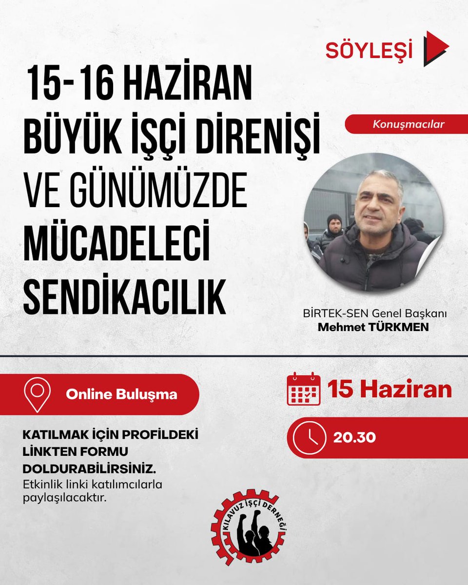 kilavuzisci's tweet photo. BİRTEK-SEN Genel Başkanı Mehmet Türkmen ile; sömürüye, güvencesizliğe ve sendikasızlaştırmaya karşı işçi sınıfının mücadele geleneğini, 
sermaye düzenine karşı mücadeleci sendikacılığı konuşacağız
@birlesiktekstil @mturkmenn27 
https://t.co/koUlpwjJv4 https://t.co/QUHH3Zgbl8