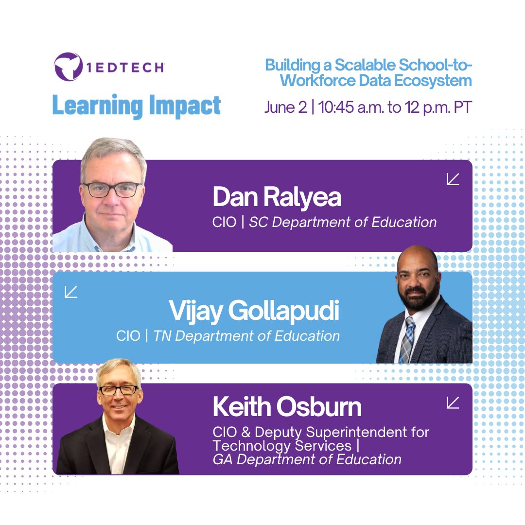 AnalyticsEA's tweet photo. We're thrilled to present at the 1EdTech Learning Conference next week! Check out our session schedule:

🏫Building a Scalable School-to-Workforce Data Ecosystem
📅June 2 ⌚10:45 a.m. to 12 p.m. PT 🎤 @EducationSC @TNedu @georgiadeptofed (1/2) https://t.co/Amy8Zf47qa