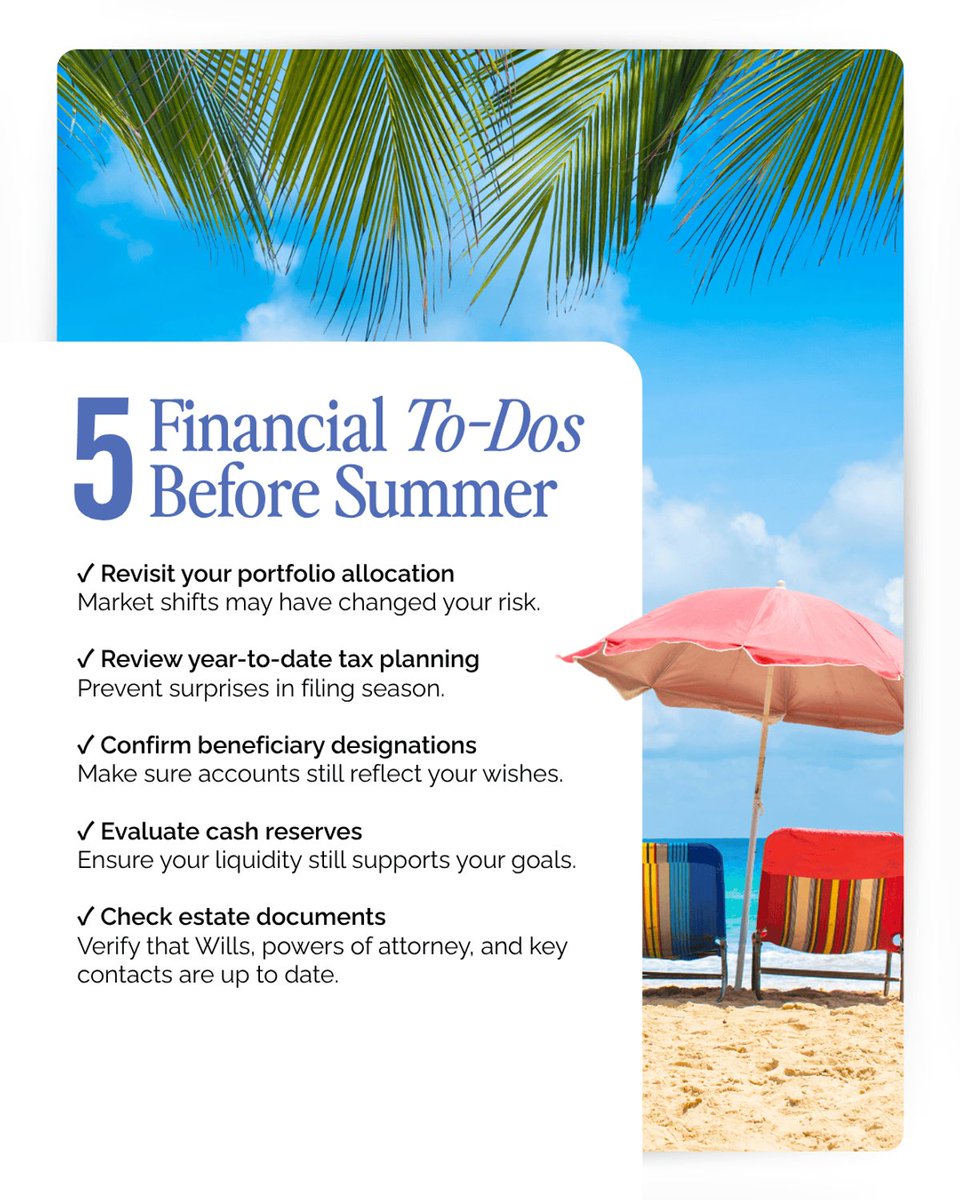 jawright1204's tweet photo. Summer fills up quickly with travel, family plans, and time away. Before things get busy, it may be worth a quick mid-year check-in on your portfolio, tax strategy, and estate details. 

A little attention now can help you stay present later. https://t.co/savUiH9QeH
