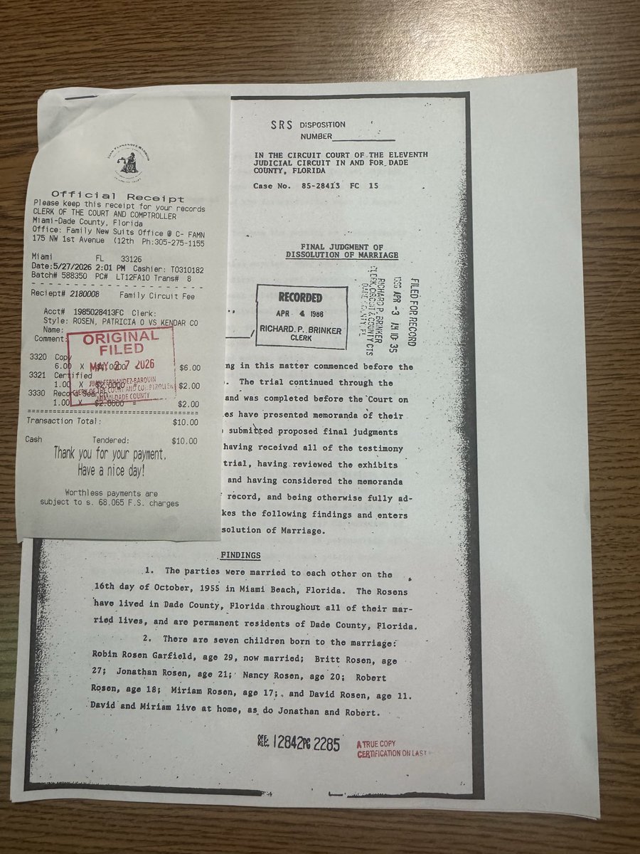 jhrTravel's tweet photo. My mother’s 1986 Florida divorce judgment awarded her exactly $3,000,000 in lump-sum alimony and equitable distribution on a tax-free basis. The court retained jurisdiction to enforce it.

Only part was paid.

Decades later, after bankruptcy proceedings, accrued interest, and long-term nonpayment, the enforceable value may now exceed $20 million depending on final accounting and applicable interest calculations spanning nearly 40 years.

Meanwhile, my elderly mother still does not have a proper handicap-accessible bathroom.

The judgment itself references major Miami real estate holdings connected to Kendar Corporation, Kings Bay Yacht & Country Club, and the launch of Deering Bay.

My father sold the Nichols Apartment Hotel property near Bal Harbour and used approximately $4 million from that transaction to help launch Deering Bay during one of the worst real estate downturns in modern history, when many major developers worldwide were collapsing financially, including projects associated with President Donald Trump.

My father became the equity partner in Deering Bay, while Leonard “Tish” Balser — owner of ABC Carpet & Home in New York — was the financial partner behind the project.

My grandmother, Gene G. Olsen, formerly Jean Goldman, was my mother’s mother. After losing much during the Depression, she rebuilt herself in Miami, ran Northside Realty, and had 600 employees working for her. She helped create the environment and foundation from which major Miami real estate success later emerged.

These are not rumors. These are court documents, Miami history, and family history.

I am seeking serious legal review regarding enforcement, bankruptcy interaction, accrued interest, and remaining remedies.

While others live in luxury high-rises with custom handicap-accessible marble bathrooms, my own mother still struggles with basic accessibility and dignity in her later years.

That is the issue.

Jonathan H. Rosen