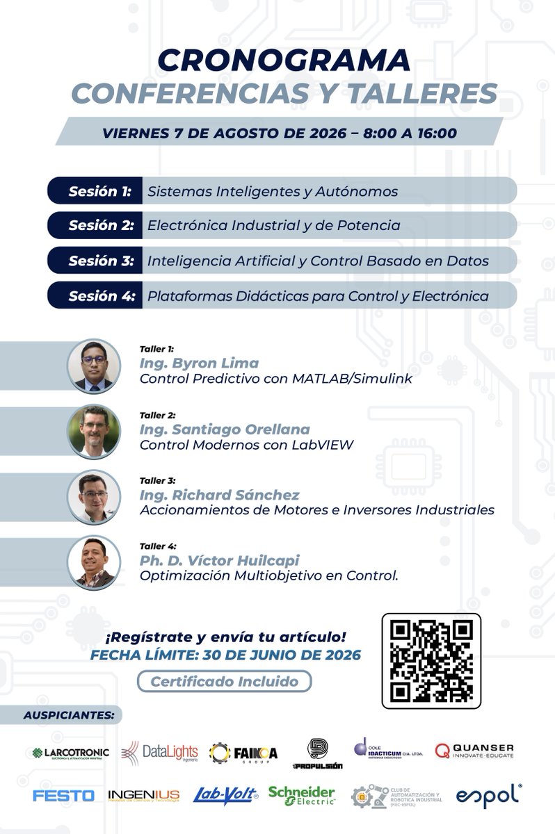 espol_fiec's tweet photo. 📌FIEC te invita al #SCIE2026 en ESPOL, una cita donde la ciencia, la industria y la tecnología convergen para impulsar la innovación. ¡No te pierdas las coferencias, talleres, la IA, automatización y electrónica industrial y el networking 
Regístro aquí:
https://t.co/itlRbYD9Di https://t.co/Zb0gidoWM2