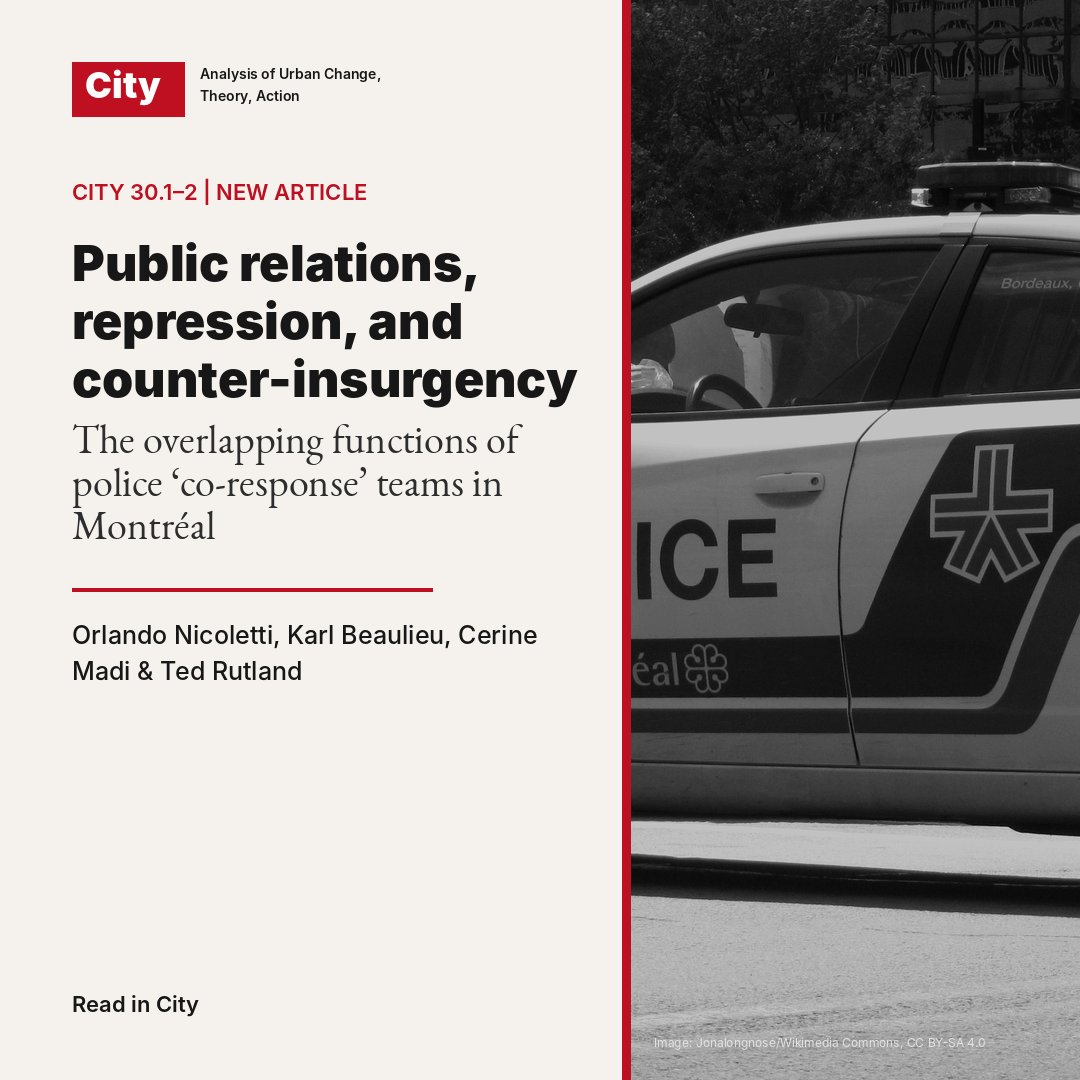 CITYanalysis's tweet photo. New in City: Nicoletti, Beaulieu, Madi &amp; Rutland examine police ‘co-response’ teams in Montréal as public relations, expanded repression and domestic counter-insurgency.

https://t.co/VA4wf9gVof

Image: Jonalongnose/Wikimedia, CC BY-SA 4.0. https://t.co/IYSrmnXtMq