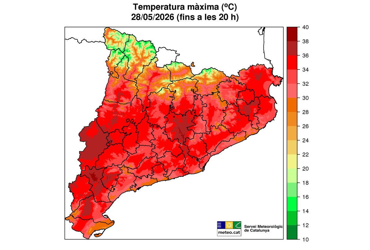 meteocat's tweet photo. La temperatura màxima d'avui dijous ha superat els 35 ºC a zones baixes de l'interior i a diversos trams del prelitoral.

Ha estat rècord en un mes de maig a 31 de les 126 estacions automàtiques de la #XEMA amb més de 20 anys de dades, sobretot de les Terres de l'Ebre i l'Empordà https://t.co/TWJKBcoeaw