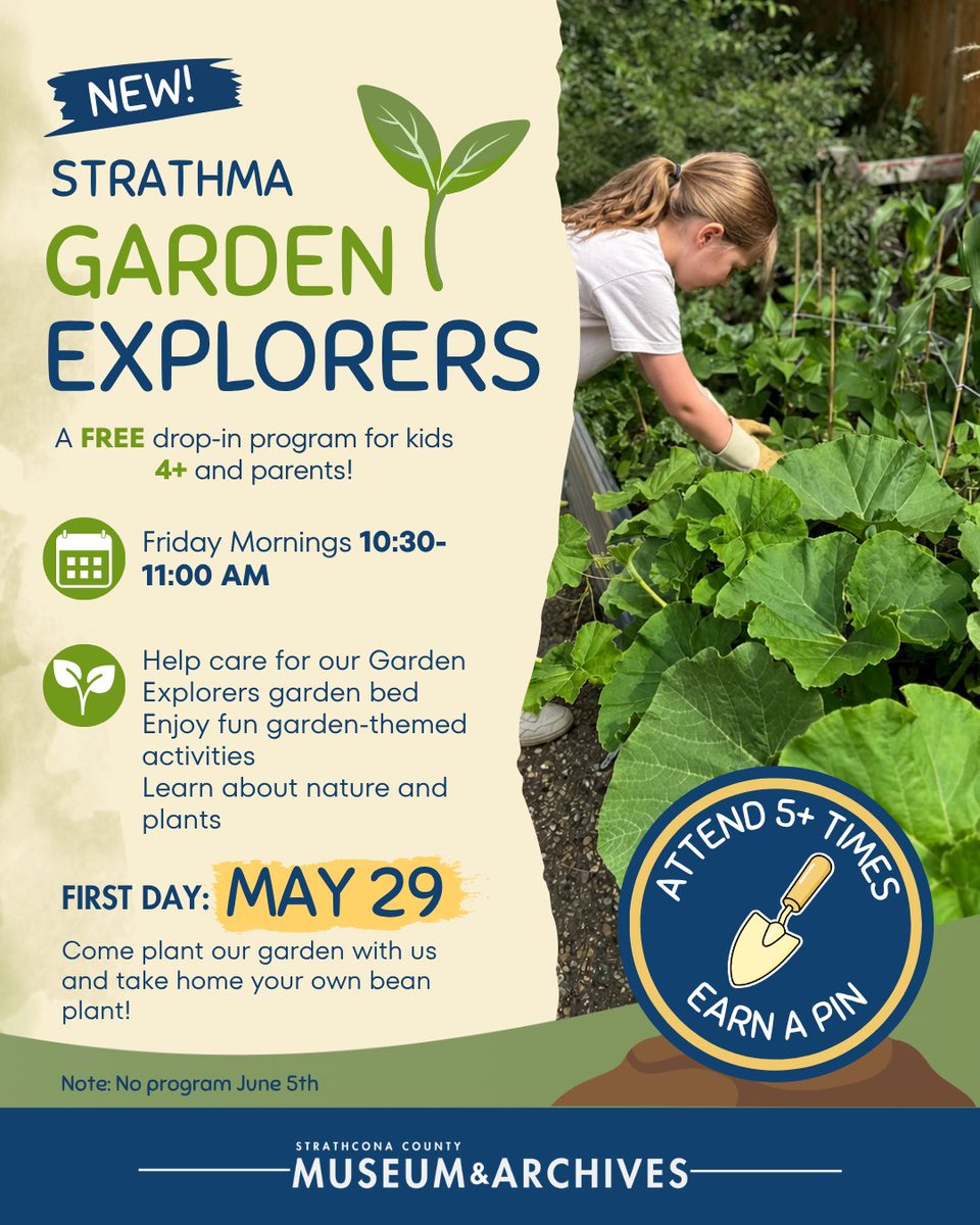 strathcomuseum's tweet photo. Garden Explorers starts this Friday! 🌱
Drop by 10:30–11:00 AM for some garden fun. Kids 4+ & their grown-ups can help us plant the garden, do an activity & take home a bean plant.
It’s free & drop-in!
#strathma #garden #kids #museum #strathconacounty https://t.co/LW66aYLxDS