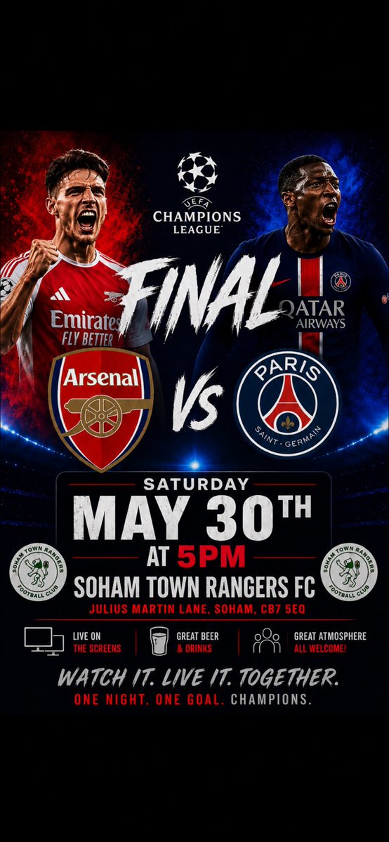 SohamTownRanger's tweet photo. ⚽🔥 CHAMPIONS LEAGUE FINAL THIS SATURDAY! 🔥⚽

Join us at Soham Town Rangers FC for the biggest game in club football! 🍻

🕒 Open from 3PM
⚽ Kick Off at 5PM
🍺 Green Lion - ONLY £3.50 a pint!

Stick around after the match for our ⭐ Player of the Year Presentation ⭐ from 7PM https://t.co/VrQRWhZCXg