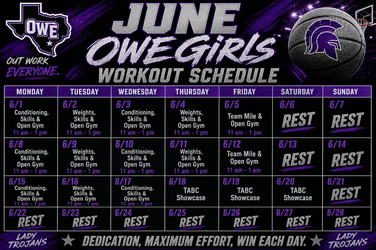 WacoU_GBB's tweet photo. 🚨Attention Attention🚨
CCMS/UHS parents and players here's our Lady Trojan Hoops Summer Workout Schedule! Middle Schoolers (Incoming 6th-8th Graders) will report Tues-Thurs from 11 am - 12 pm, while High Schoolers (Incoming 9th-12th Graders) will reoort as the schedule shows. https://t.co/Ve3x1xTOje