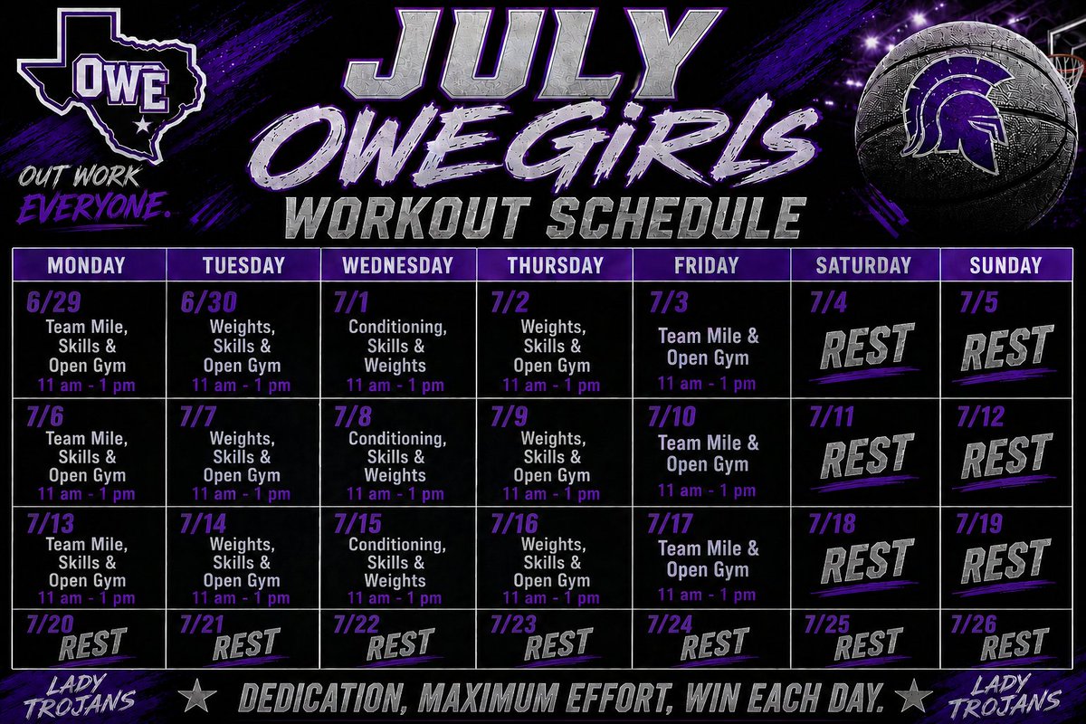 WacoU_GBB's tweet photo. 🚨Attention Attention🚨
CCMS/UHS parents and players here's our Lady Trojan Hoops Summer Workout Schedule! Middle Schoolers (Incoming 6th-8th Graders) will report Tues-Thurs from 11 am - 12 pm, while High Schoolers (Incoming 9th-12th Graders) will reoort as the schedule shows. https://t.co/Ve3x1xTOje