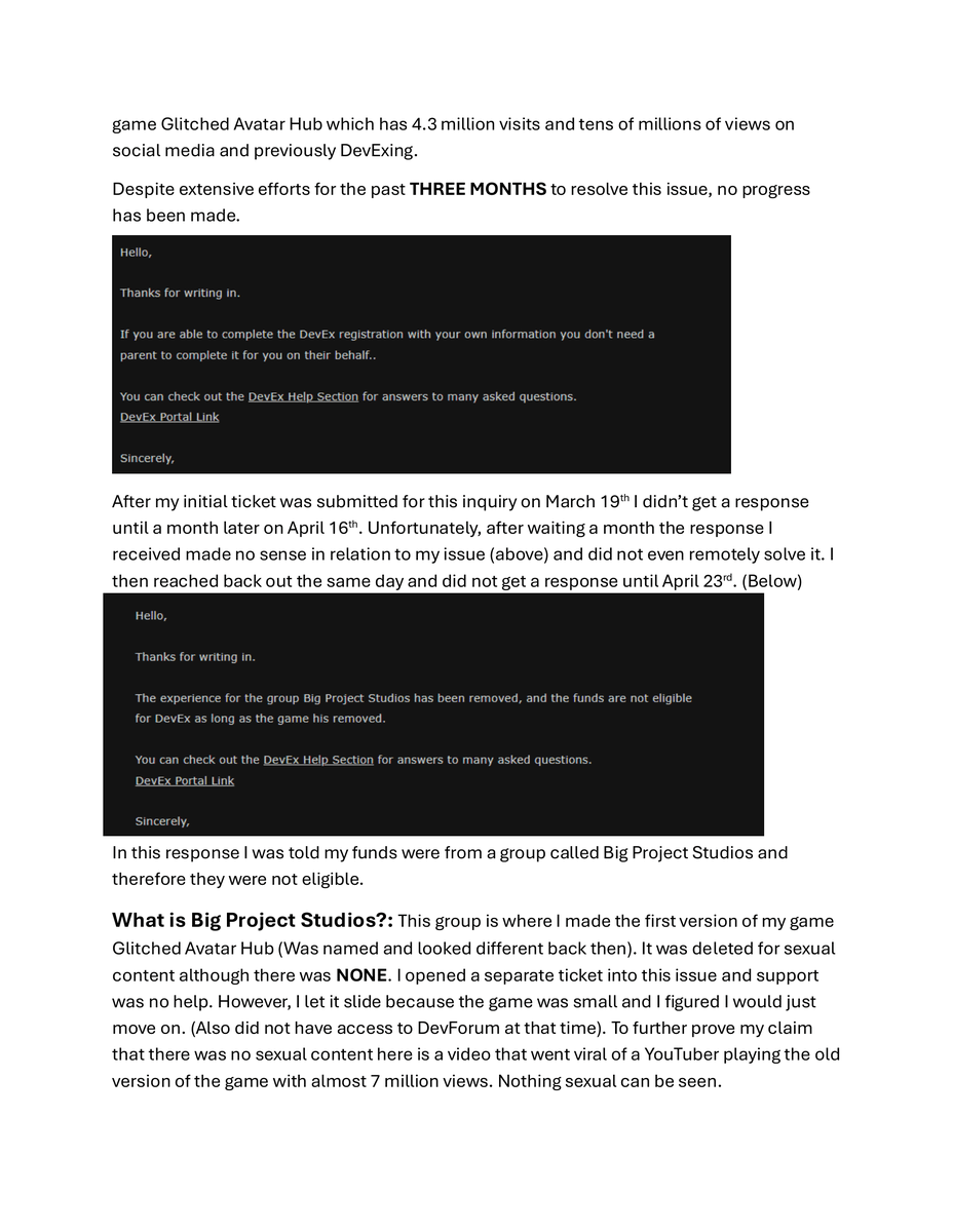 OGTheWinner1's tweet photo. Here is a summary of my DevEx situation for people just finding my account! Hopefully someone steps up soon and is able to fix this for me. It's honestly taking a toll on me as it's been three months now and I've spent hundreds of hours working on this game. https://t.co/F4Npm3RB6S