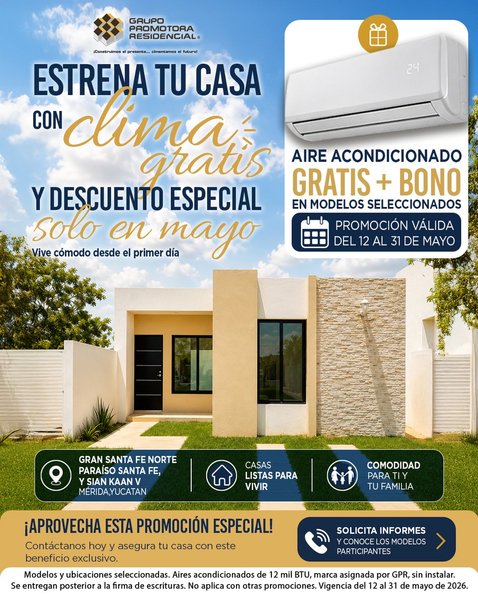 PromotoraResid's tweet photo. Adquiere tu vivienda en Sian Kaan V o Paraíso Santa Fe y recibe A/A 12000 BTU adicional:
* Sian Kaan: Modelos Argos  Trípoli Cielo y Turquesa
* Paraíso Santa Fe: Modelos Trento y Aluna
 Válido hasta 31 de mayo de 2026
🧑🏻‍💻Contacta con un asesor: https://t.co/TrQBXy9pzt
#merida https://t.co/J6w8R2M6FH