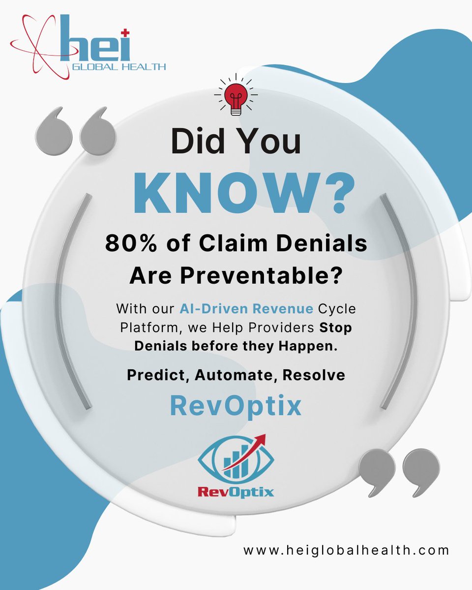 HEIGlobalHealth's tweet photo. 80% of claim denials never had to happen.

Eligibility gaps. Coding errors. Missing authorizations. All preventable — if you can see them coming.

That's what RevOptix does. Predict. Automate. Resolve.

#middleeast #global #MiddleEastTech #RevOptix https://t.co/N6Mx55y2ke