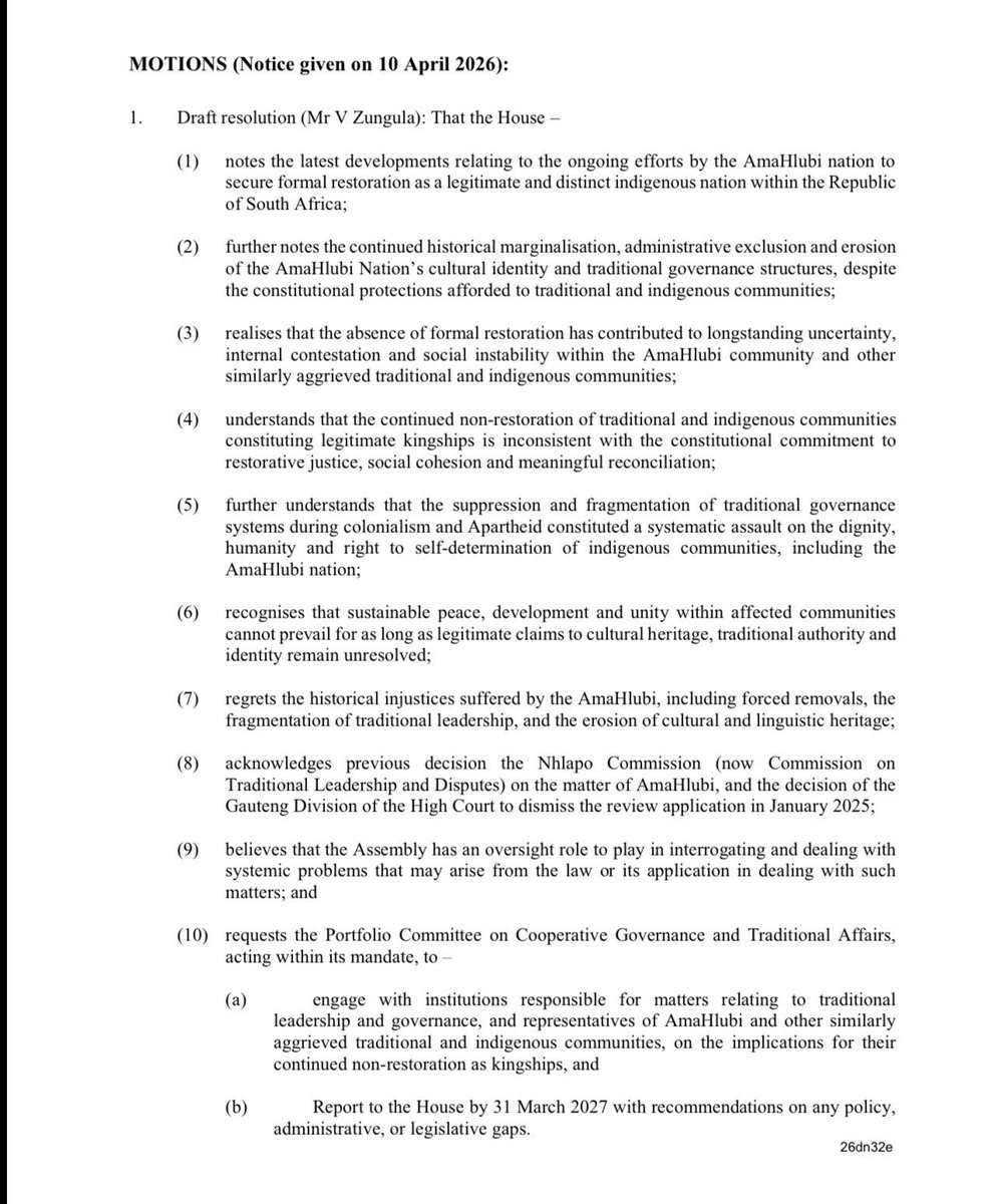 ZungulaVuyo's tweet photo. Ma Ngelengele 

Today Parliament was supposed to vote on the draft resolution that mandates the Portfolio Committee on Cooperative Governance and Traditional Leadership to engage with institutions that deal with traditional leadership, representatives of AmaHlubi and other similarly aggrieved communities on the implications of the non-restoration of their kingships.

The vote could not happen as we did not have a quorum in Parliament. We expect to know next week when it will be brought before the House for a vote, which will most likely take place in June.

We encourage everyone to continue taking pride in ubuHlubi and to continue sharing and speaking about the Hlubi nationhood, as well as the importance of preserving the identity, language, and heritage of AmaHlubi, ensuring that it is never erased or forgotten.

As 10(a) of the draft resolution, it is not only about AmaHlubi but other traditional communities that were destroyed during the colonial era and have not been restored during the democratic era. 

We thank you for your continued support and advocacy in restoring the dignity of isizwe esimnyama. 

Aythabe 🙏🏿🙏🏿🙏🏿