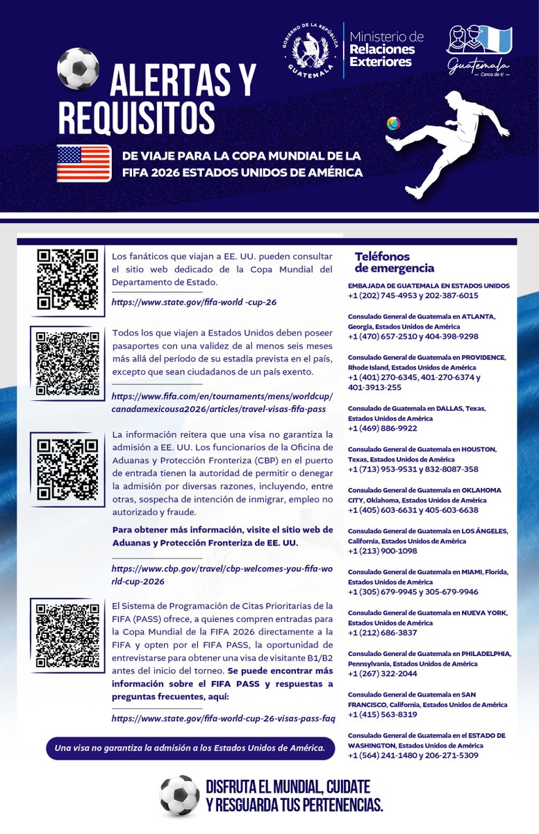 ConsGRI's tweet photo. 🇺🇸📷 ⚽ El Mundial FIFA 2026 se acerca y si tu destino es Estados Unidos, prepárate con anticipación.

Mantén tus documentos en regla, consulta únicamente  fuentes oficiales y ten siempre a mano los contactos de  emergencia consular. ✈️🛂 https://t.co/fSaU7dO2sG