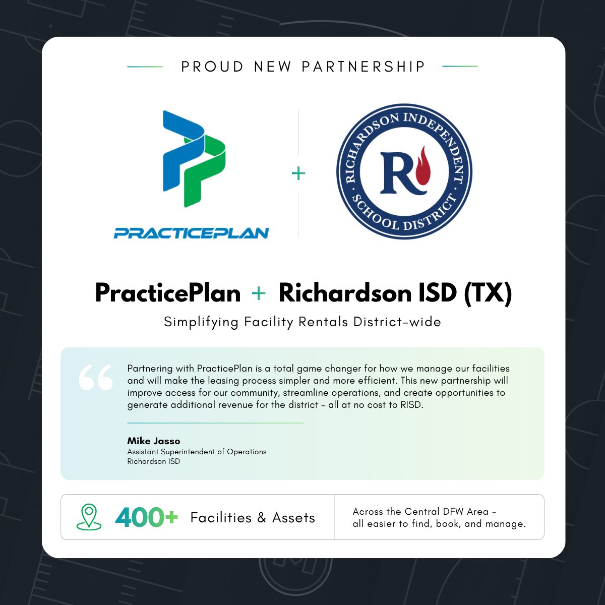 practiceplan_io's tweet photo. Officially welcoming @RichardsonISD to PracticePlan. 🤝

Richardson ISD is now partnering with PracticePlan to simplify facility rentals across 400+ district facilities and assets.

Excited to help reduce admin work, improve visibility, and create a better rental experience for the entire community.