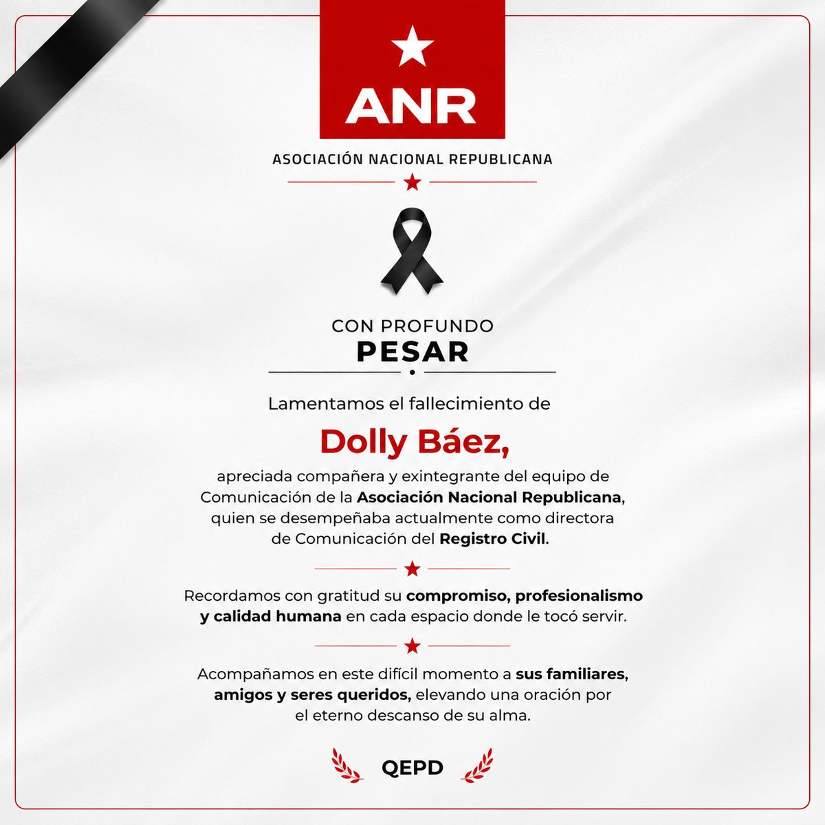radioanr899's tweet photo. Con profundo pesar, lamentamos el fallecimiento de Dolly Báez. Apreciada y exintegrante del equipo de Comunicación de la Asociación Nacional Republican. https://t.co/aO4NRbw8s4