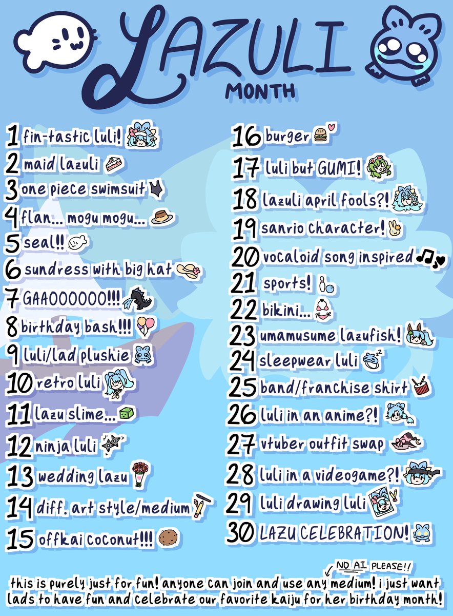 ChisakiArt's tweet photo. June is coming up so you know what that means!!! LAZULI MONTH!!! 🍥🐟✨
I wanted to do something similar to what I did for August last year, just Lazuli this time around! I made a prompt list this year in case anyone wanted to join me! Let's have a very pichi-pichi dayo June!! https://t.co/LVDqtCp4lk