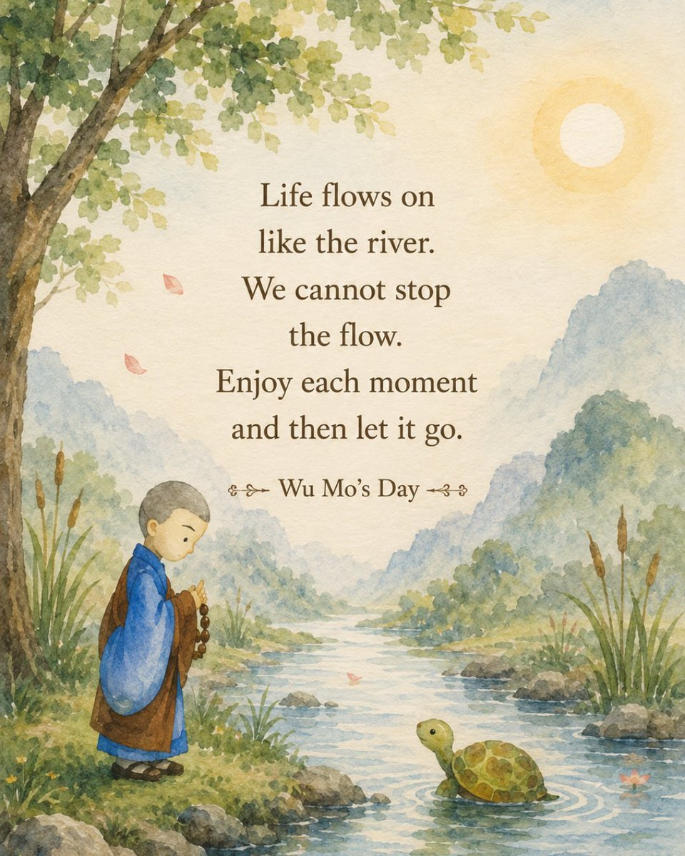 buddhismforkids's tweet photo. Wu Mo’s Day shares: life is always moving, like a flowing river. We can appreciate a beautiful moment while it is here, and then let it go with a grateful heart, knowing new moments are always flowing our way.
 
Bring Wu Mo’s gentle wisdom home: https://t.co/n6cDpHqMd2 https://t.co/SvrFiC7H1G