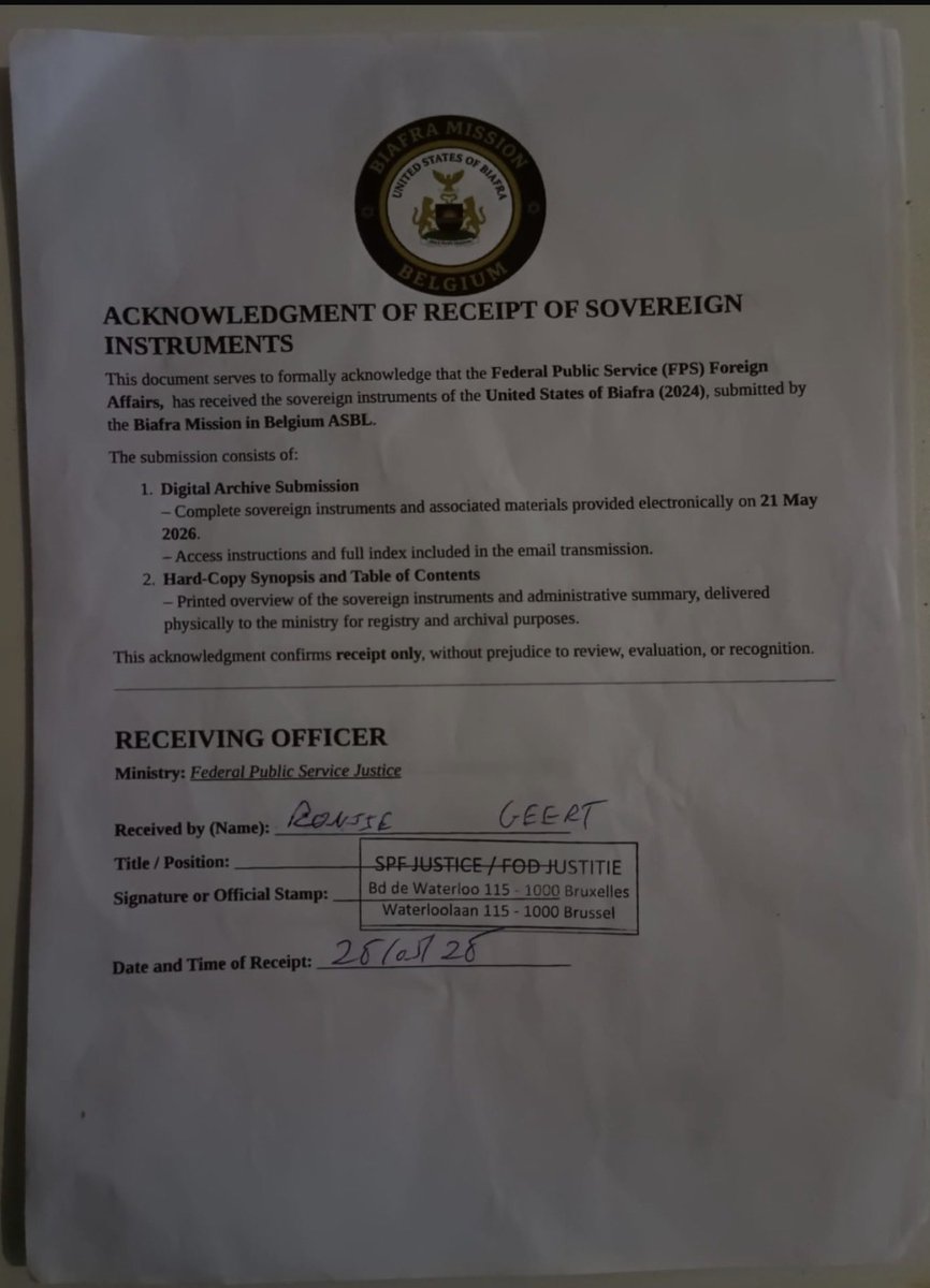 DrakeOfficial06's tweet photo. Breaking: PRESS RELEASE
5/28/2026: Thanks Belgium

Department of Foreign Affairs
United States of Biafra
Date: 28 May 2026

The Government of the United States of Biafra, through the Department of Foreign Affairs, is proud to announce that on 26 May 2026, the United States of Biafra Mission in Belgium successfully submitted the Sovereign Instruments of our nation to the Belgian Ministry of Foreign Affairs, the Ministry of Justice, and the Immigration Office (watch video)

This important diplomatic engagement marks another significant step in the ongoing internationalization and the restoration of our sovereign national identity on the global stage. We commend the Biafra Mission in Belgium for its professionalism, dedication, and unwavering commitment to advancing the interests of the United States of Biafra and Biafran nationals worldwide.

We also extend our sincere appreciation to all Biafran mission representatives and diplomatic missions across the world for their tireless work, resilience, and continued diplomatic achievements in service to our nation and our people.

Furthermore, we wish to acknowledge and thank the Governments of Australia, Canada, Japan, Ireland, and others for their engagements, acknowledgements, and continued attention to the plight of the Biafran people. We look forward to deeper international cooperation and stronger actions in support of justice, peace, and self-determination.

In particular, the Government of Canada has continued to raise concerns before the international community regarding the genocidal actions of the Nigerian regime, while the Government of Australia has acknowledged the transnational repression, extrajudicial killings, torture, and other violations suffered by Biafrans under Nigeria’s continued illegal military occupation of our territory.

We therefore call upon other nations and international institutions to support the United States of Biafra in its decolonization mandate and legitimate quest for self-determination. Such support is essential to ending the prolonged humanitarian crisis and violence against our people, and to ensuring the emergence of a free and peaceful United States of Biafra; a nation where our citizens can finally enjoy the peace, development, security, and dignity that have long been denied to them.

The recognition of our nation is imperative, as our interrupted sovereignty was restored on 29 November 2024 and shall never again be extinguished.

Thank you for your attention to this matter.

Dr. Ngozi Orabueze
Deputy Prime Minister
United States of Biafra

@TrumpWarRoom @POTUS @StateDept @SecRubio @mrubin1971 @IHRF_English @jihadwatchRS @MobilePunch @FBIDirectorKash @Pontifex @CIA @FBI @HQNigerianArmy @PoliceNG @AmnestyNigeria @Huuhkajat @yleuutiset @nypost @SaharaReporters @cnni @cnnbrk @BBCWorld @BBCBreaking @bbcchinese @UN_Spokesperson @UN @UN_HRC @AFRICANDEMOC @BBCAfrica