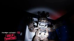ModernFNaF's tweet photo. Fun fact: In Help Wanted’s trailer, Fredbear can we seen with messed up textures, making him look like Nightmare Freddy. This appearance, by some (taken from the wiki), has been dubbed “Nightmare Freddybear..” https://t.co/51D1mAXk4M