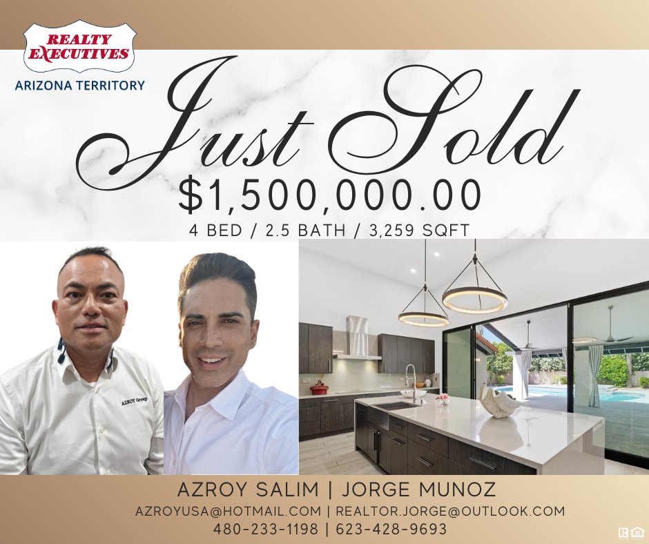 RealtyExAZ's tweet photo. Congratulations to Azroy Salim and Jorge Munoz with Realty Executives Arizona Territory - Azroy Salim Office, Scottsdale for selling and closing a $1.5 Million dollar home! #REAZT #RealtyExecutivesArizonaTerritory #RealEstate #MillionDollarSale https://t.co/JqYd3iYaL9