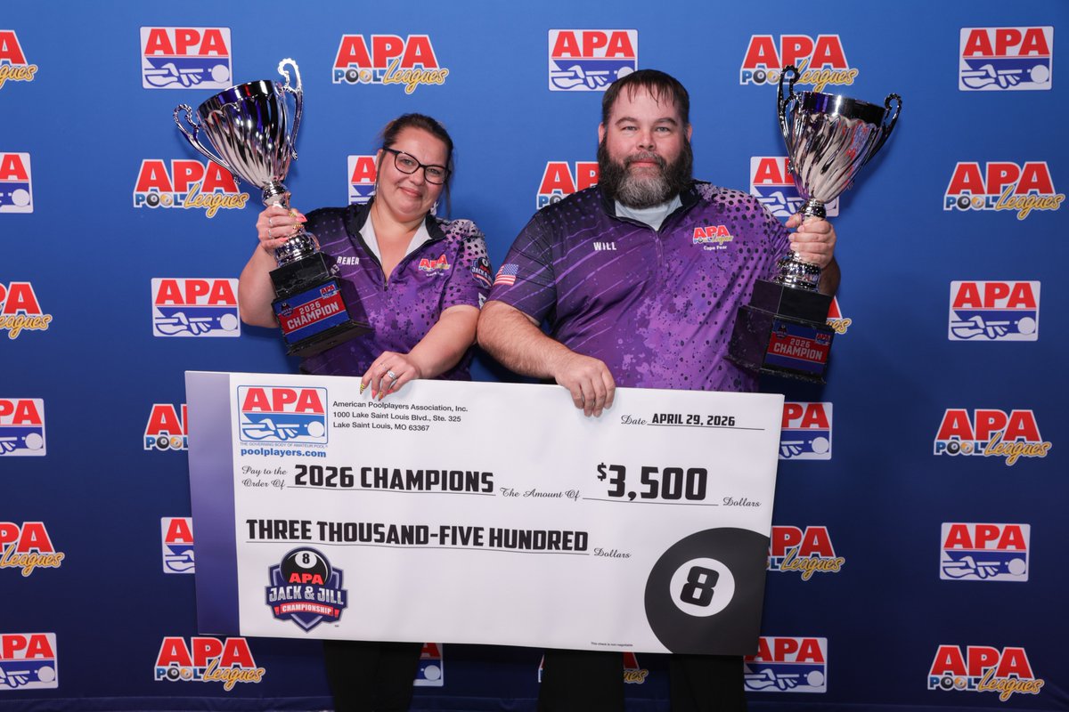 poolplayers's tweet photo. League teammates today. Champions forever. π
Shout out to our 2026 Jack & Jill Champions -Gemini Squad of Hope Mills, NC β Janet Ruiz and William Jackson and Runner-Ups - On Purpose of Prattville, AL β Tabitha Lamberth and Jason Jones! π± #apapool #poolplayer #billiards https://t.co/RVaVSO73t6