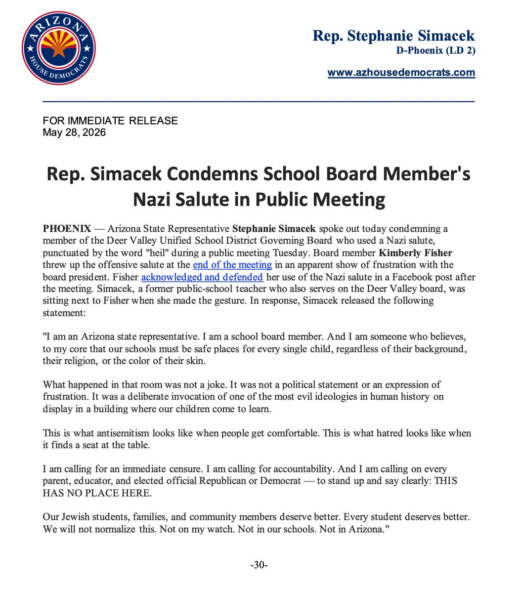AZHouseDems's tweet photo. PRESS RELEASE: Rep. Simacek Condemns School Board Member's Nazi Salute in Public Meeting https://t.co/V98eyfD5DS