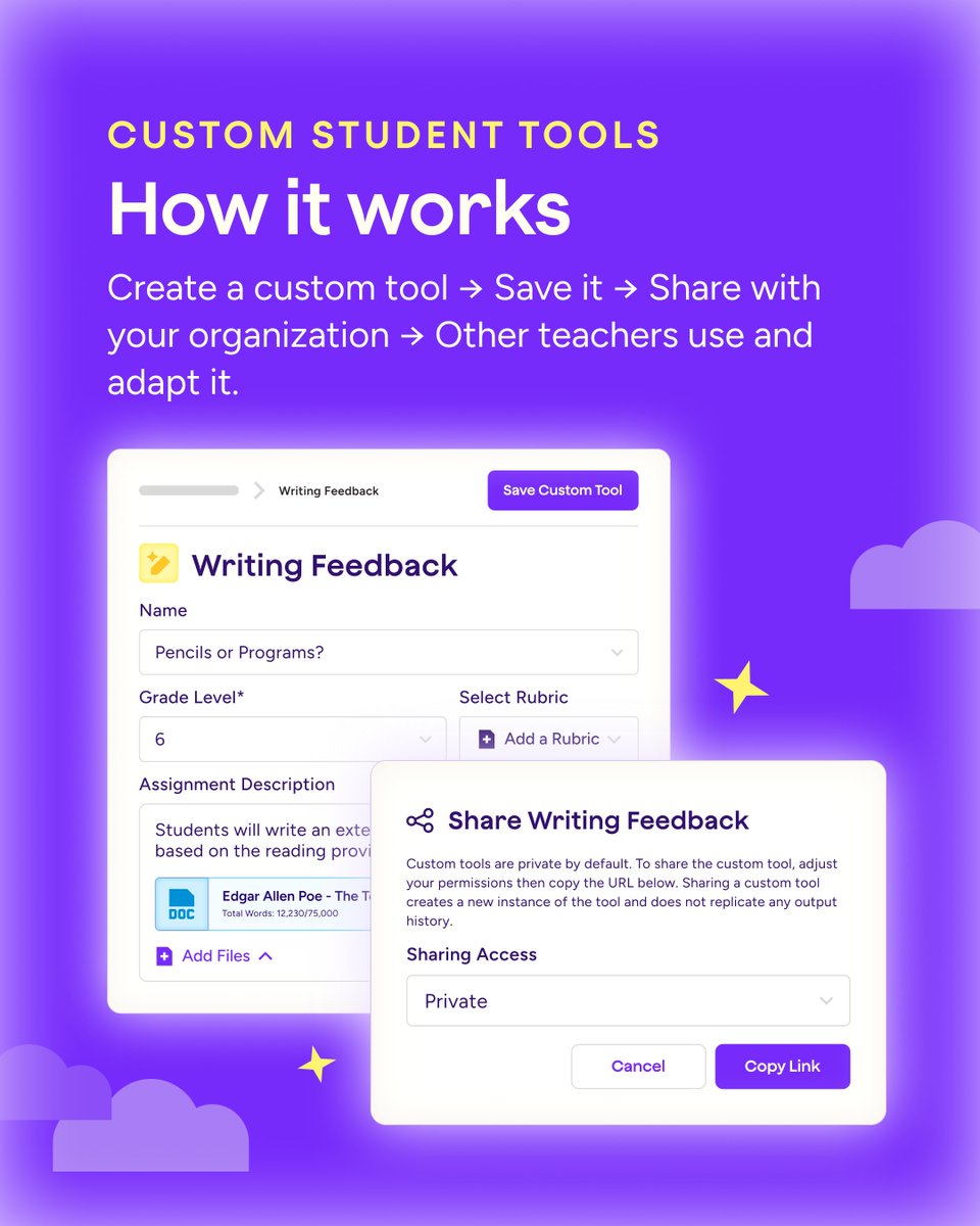 magicschoolai's tweet photo. Someone on your campus builds an incredible AI tutor or writing coach.

Now every teacher can use it.

No rebuilding. No duplicate work. Just save, share, and scale what works.

Custom Student Tools is live.

#MagicSchool #EdTech https://t.co/Ko9a8f1nZk