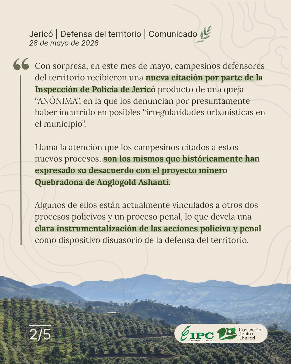IPCoficial's tweet photo. #Suroeste |🔴 Comunicado a la opinión pública: Nuevamente el campesinado de Jericó defensor del agua es víctima de persecución judicial 

🗣️El Instituto Popular de Capacitación - IPC y la Corporación Jurídica Libertad - CJL informan a la opinión pública que continúa la persecución judicial contra el campesinado defensor del agua de Jericó, Antioquia, que es opositor al proyecto minero Quebradona de Anglogold Ashanti.
👇🏾