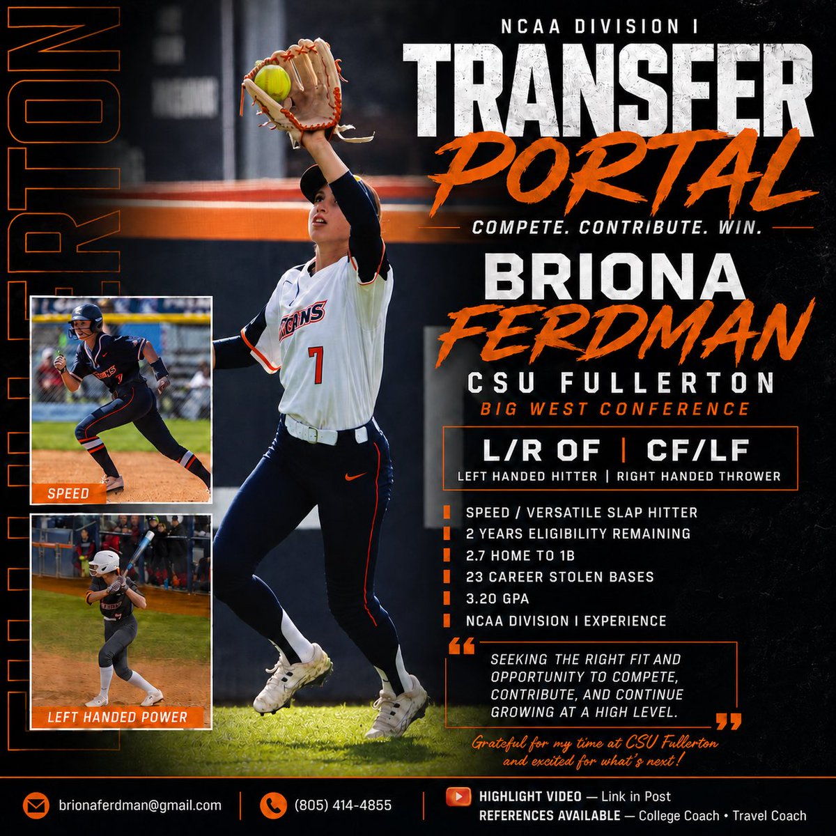 bferdman2024's tweet photo. I have decided to enter the transfer portal with 2 years of eligibility left. I am grateful for my time at Cal State Fullerton! @SoftballPortal 

Travel coach(Sean Brashear)-(909) 331-6636 https://t.co/JuMtDwtacr